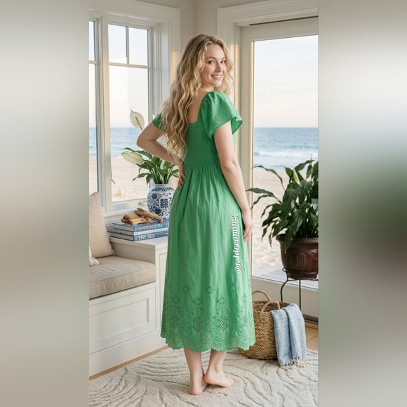 LOFT Dresses & Skirts - NWT Loft Green Eyelet Midi Dress with Smocked Bodice Size Medium